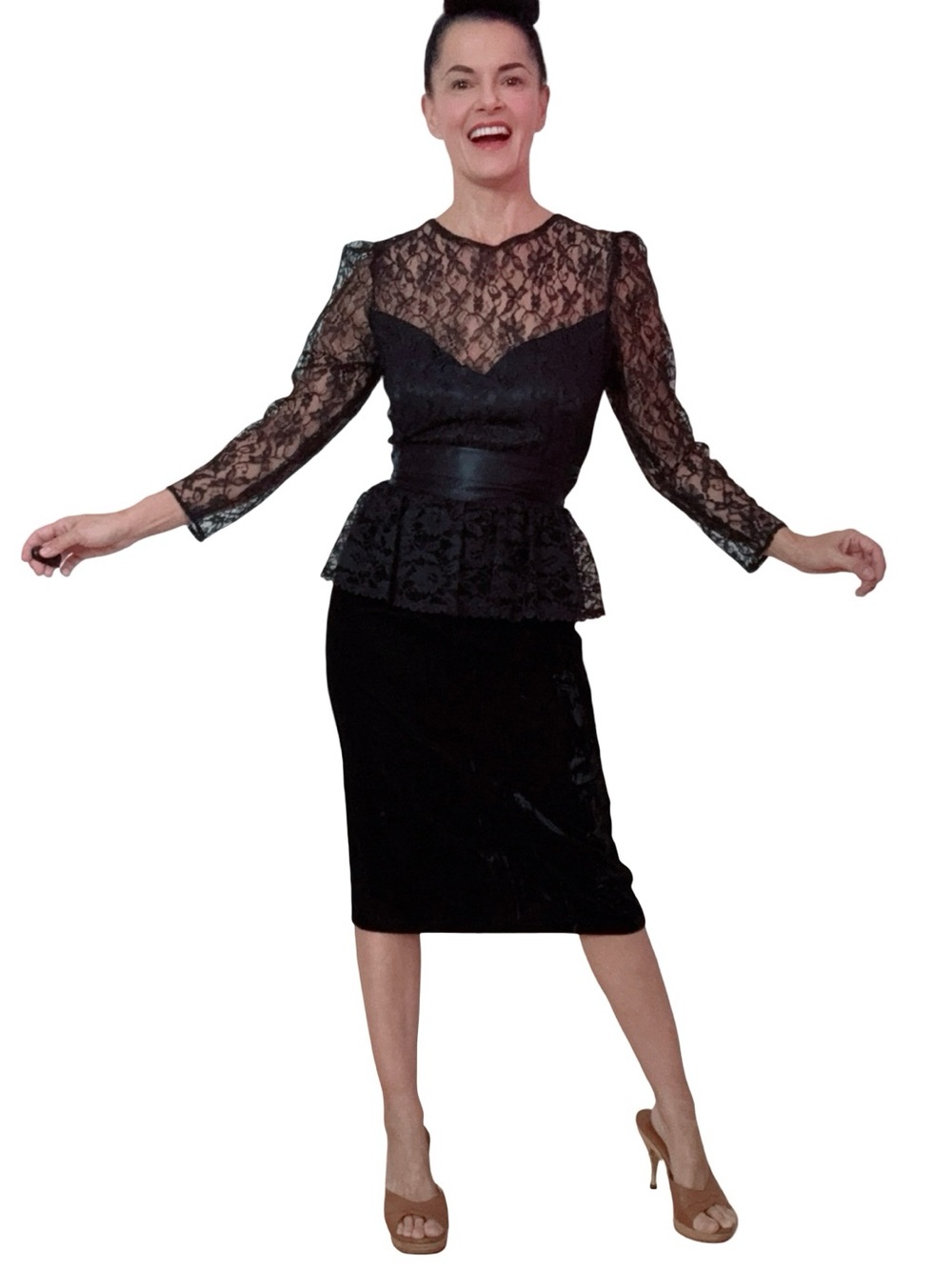 Gunne Sax Black Lace Midi Dress with Satin Waistband
